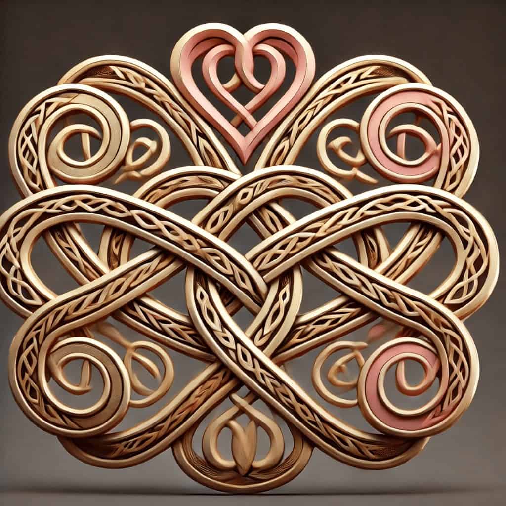 Intricate Celtic knot heart sculpture with interwoven designs in natural wood tones.