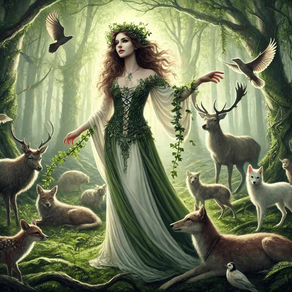 Mystical forest enchantress with deer and woodland animals, magical nature scene in Ireland.