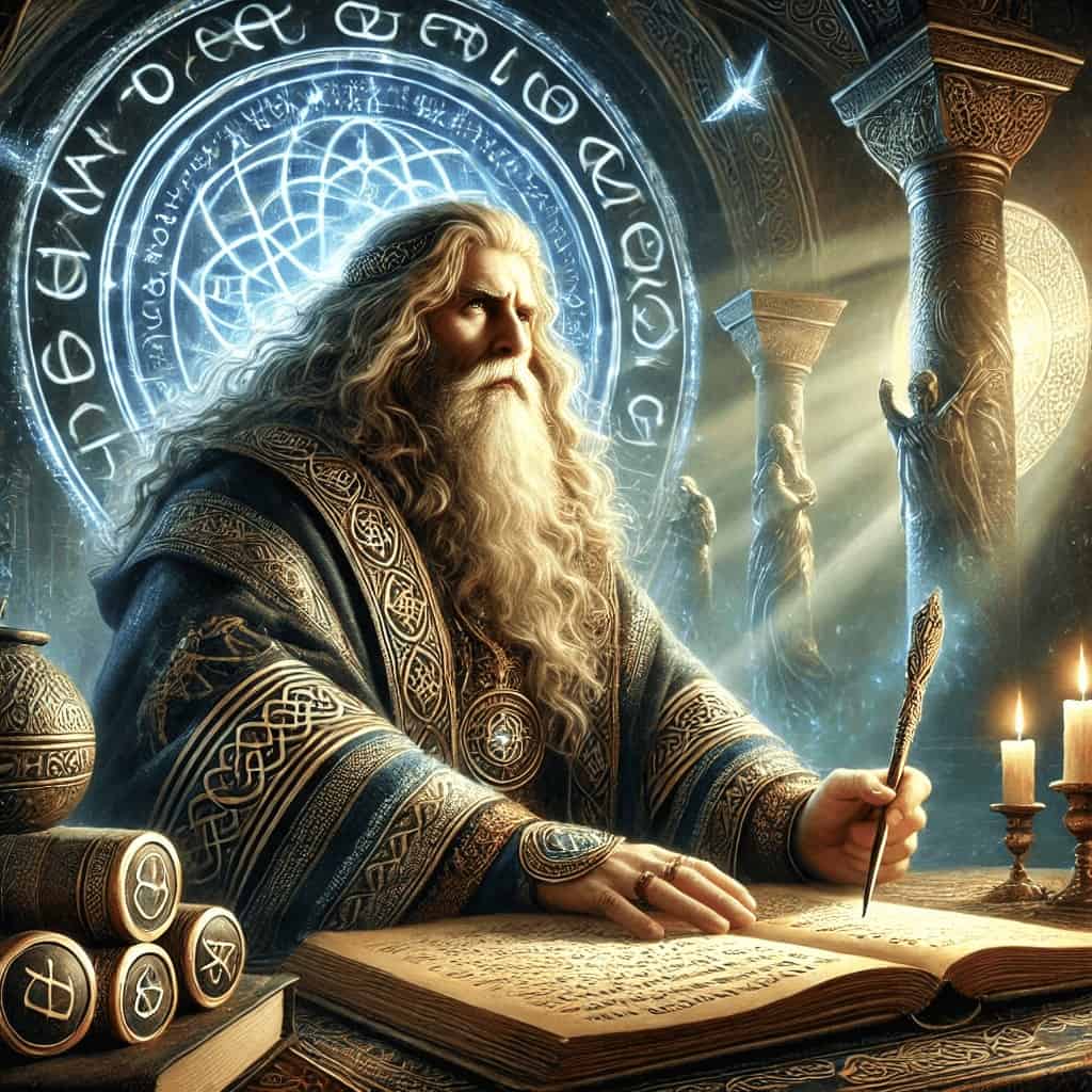 Wizard writing ancient runes in a magical hall with glowing symbols and tall stone pillars.