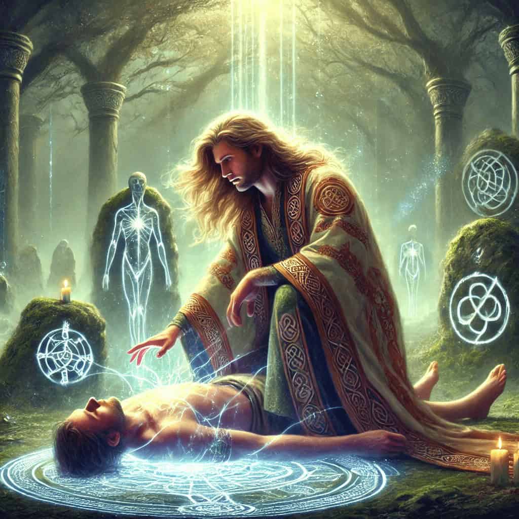 Ancient mystical scene with a woman performing healing magic in a enchanted forest.