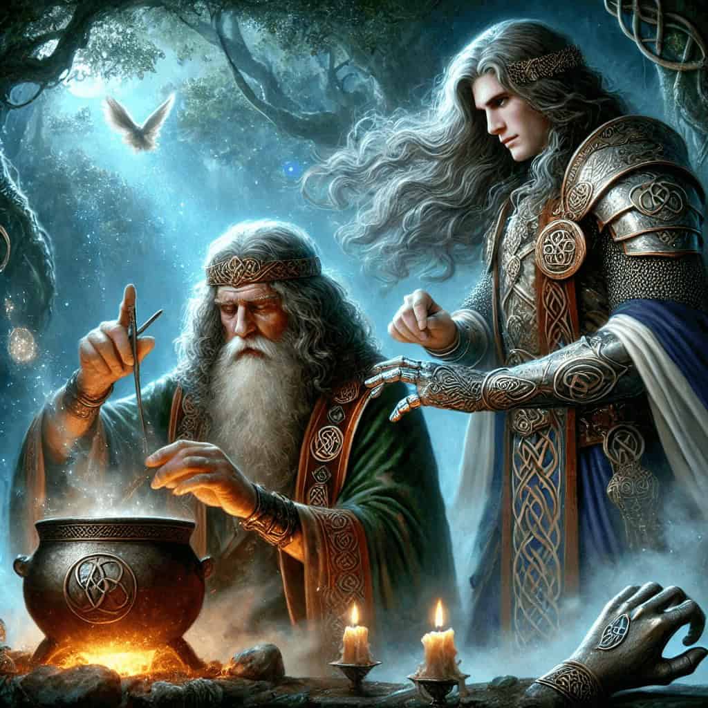 Ancient Irish druid performing a ritual with mystical symbols in enchanted forest setting.