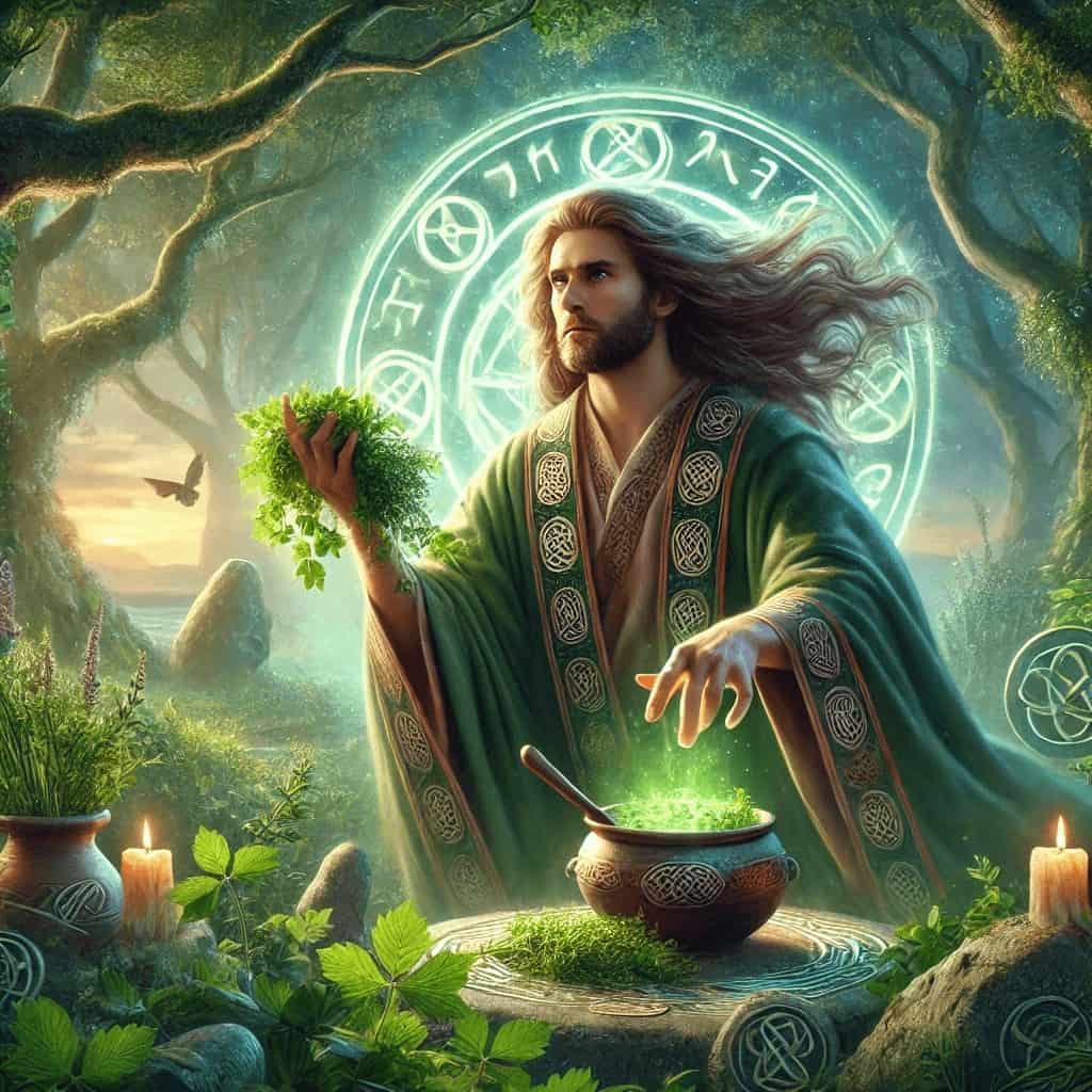 Mysterious wizard performing magic in enchanted forest scene.
