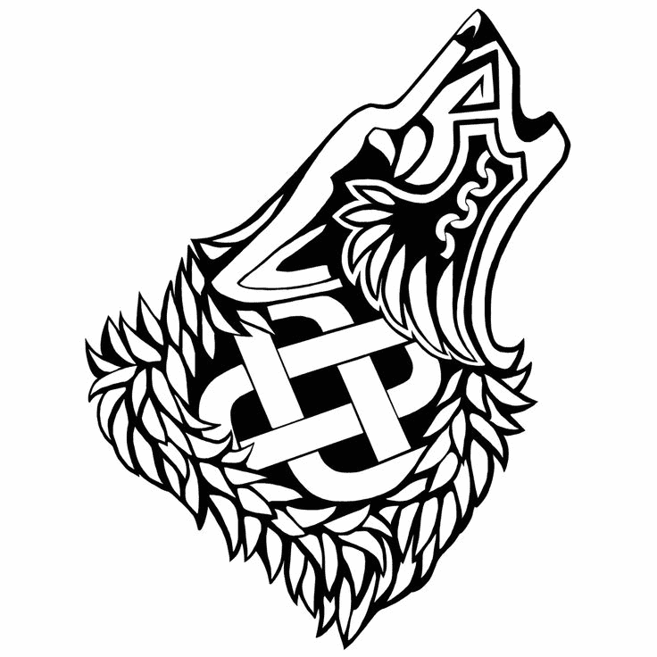 Intricate black and white Celtic wolf design with knotwork ornamentation.