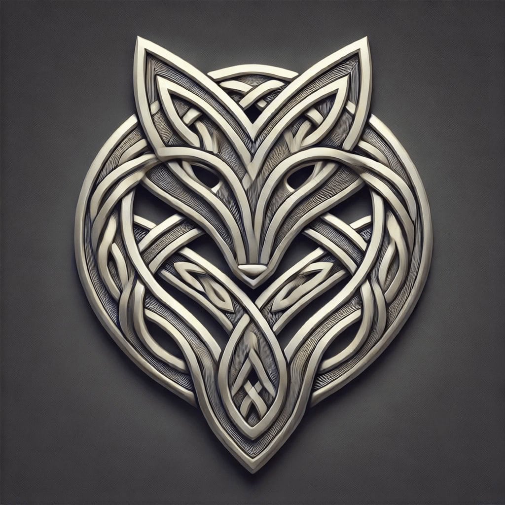 Intricate Celtic wolf head wood carving with detailed knotwork.