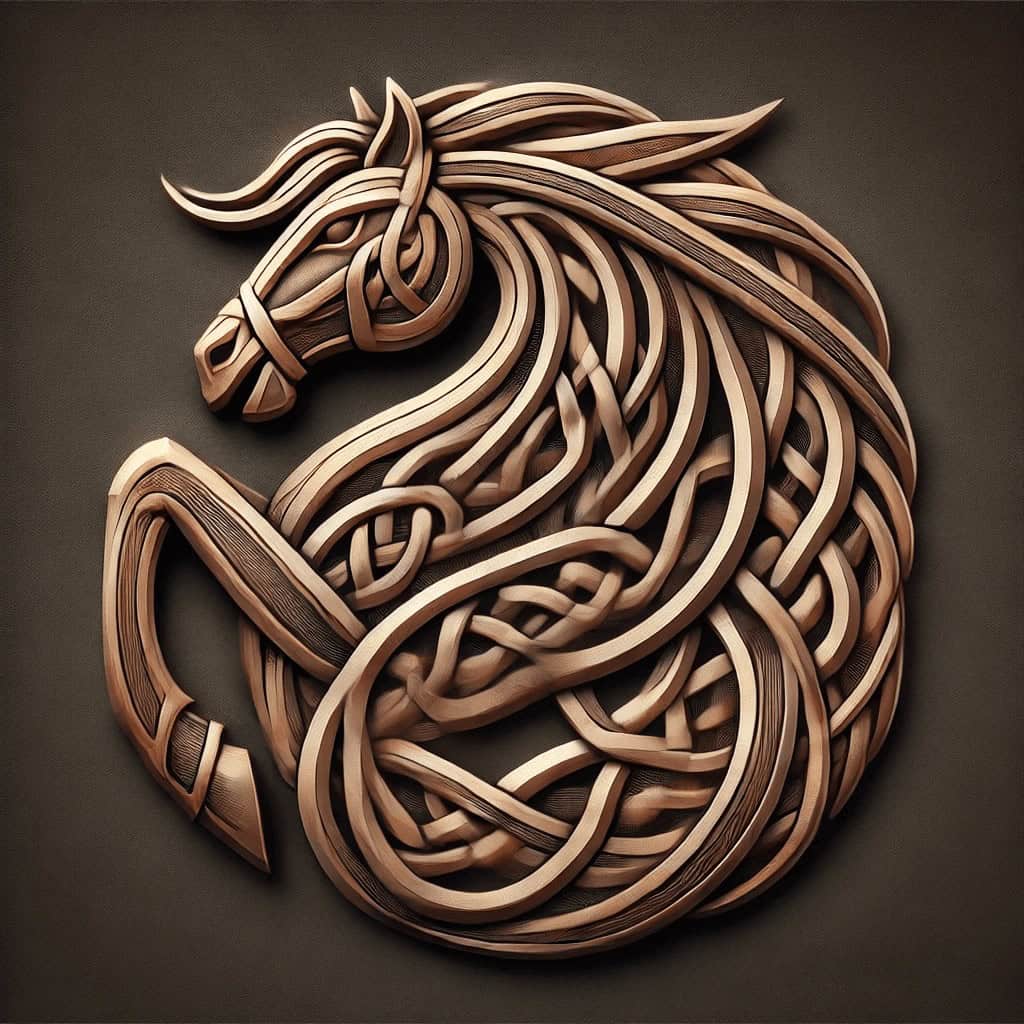 Intricate wooden horse head sculpture with flowing mane, modern Irish art piece.