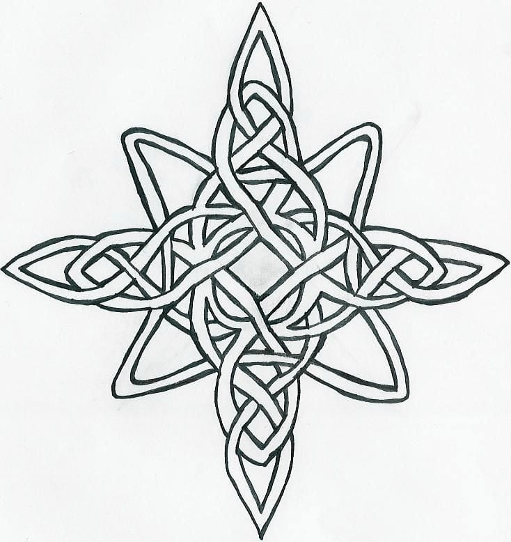 Intricate Celtic knot design with interwoven patterns and symbolic geometric shapes.