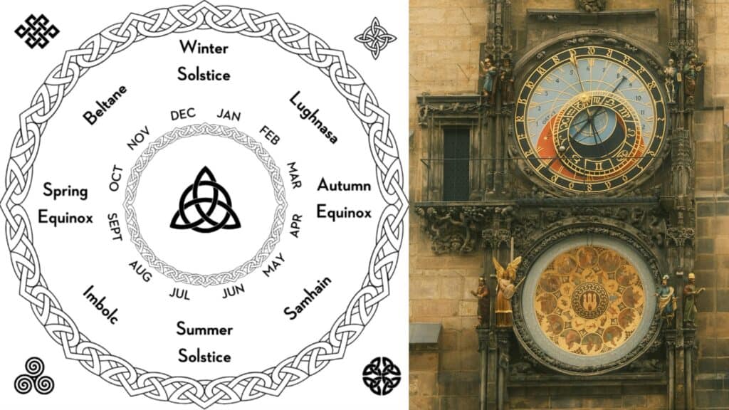 Ancient Irish calendar and the Prague Astronomical Clock displaying zodiac signs and astronomical details.