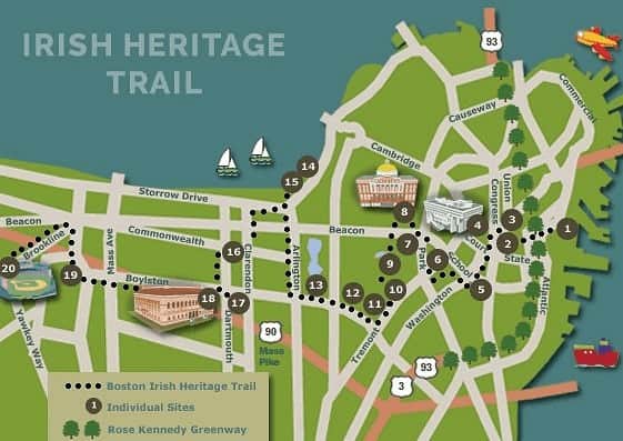 Boston Irish Heritage Trail map showing key sites in Boston, Ireland, blending cultural heritage and scenic routes.