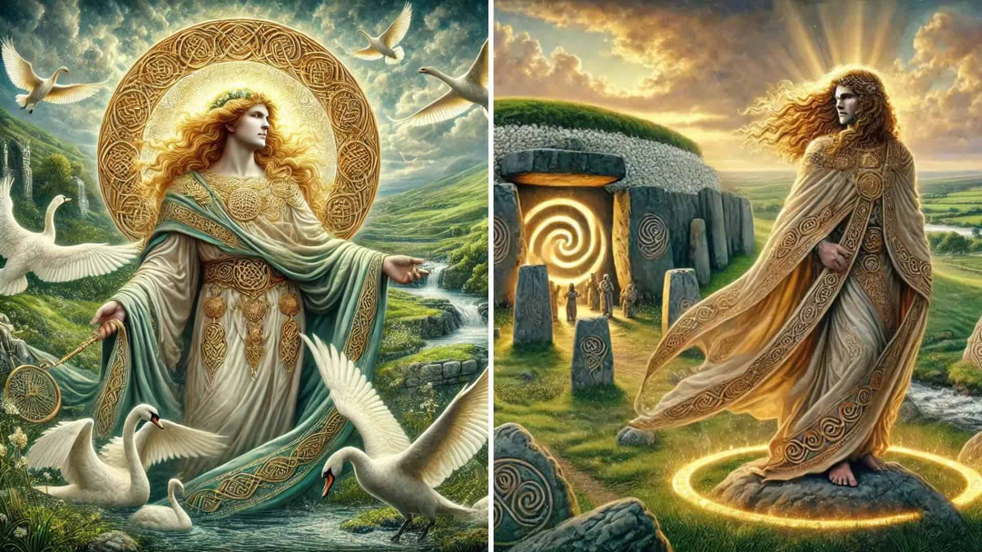Majestic Irish goddess surrounded by swans and nature, Celtic art inspiration.