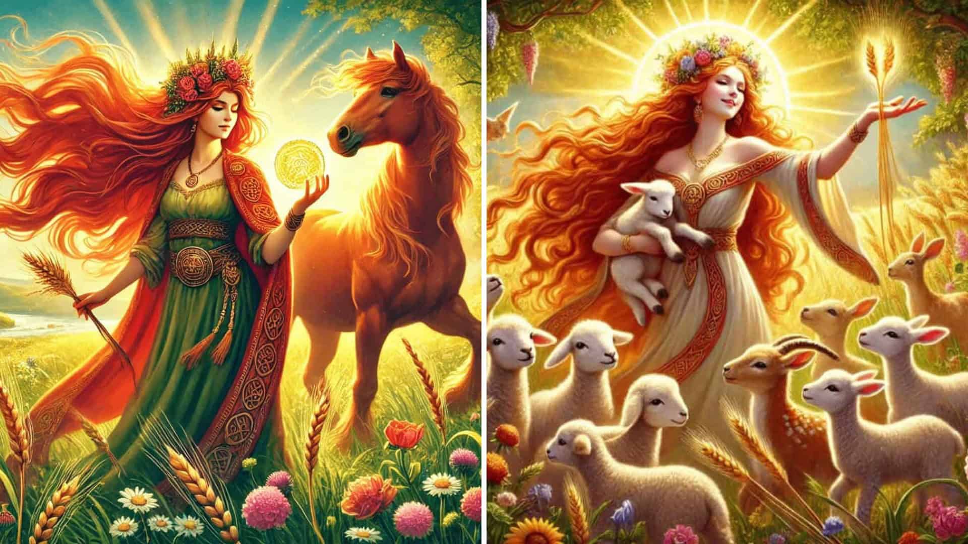 Mystical Irish goddesses surrounded by nature and animals.