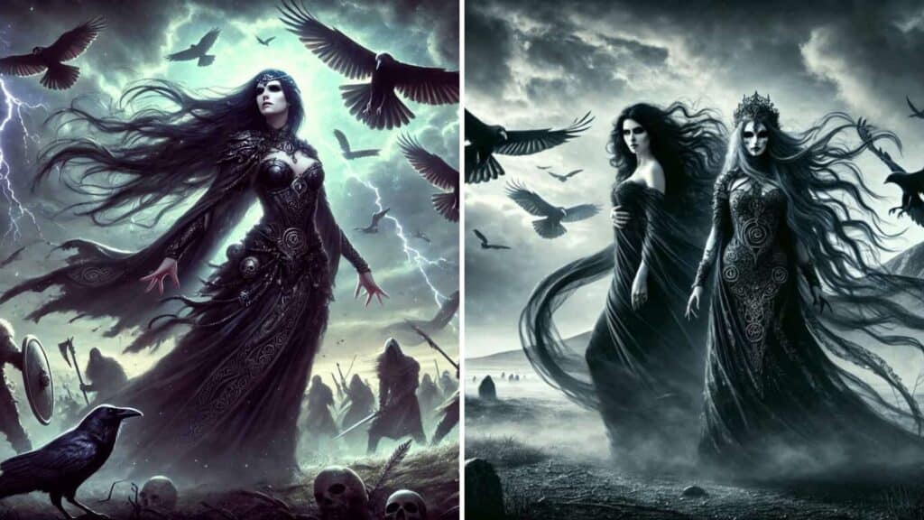 Dark fantasy women with long flowing hair and black dresses, surrounded by ravens and skulls.