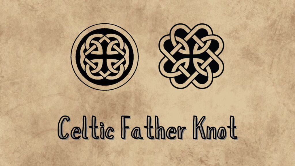 Intricate Celtic father knot symbols on textured beige background.