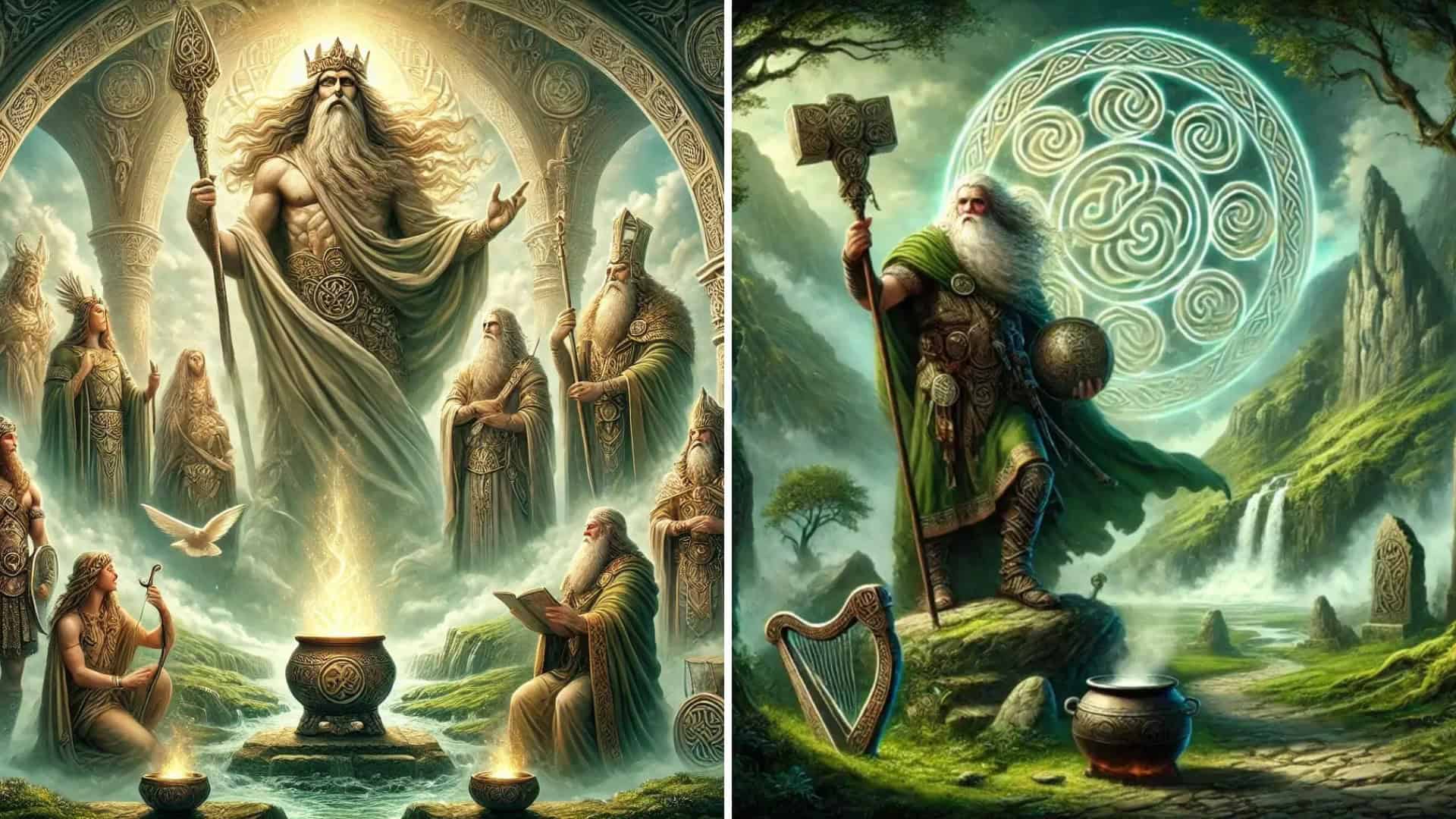 Majestic Norse gods and runic symbols in a fantasy landscape.