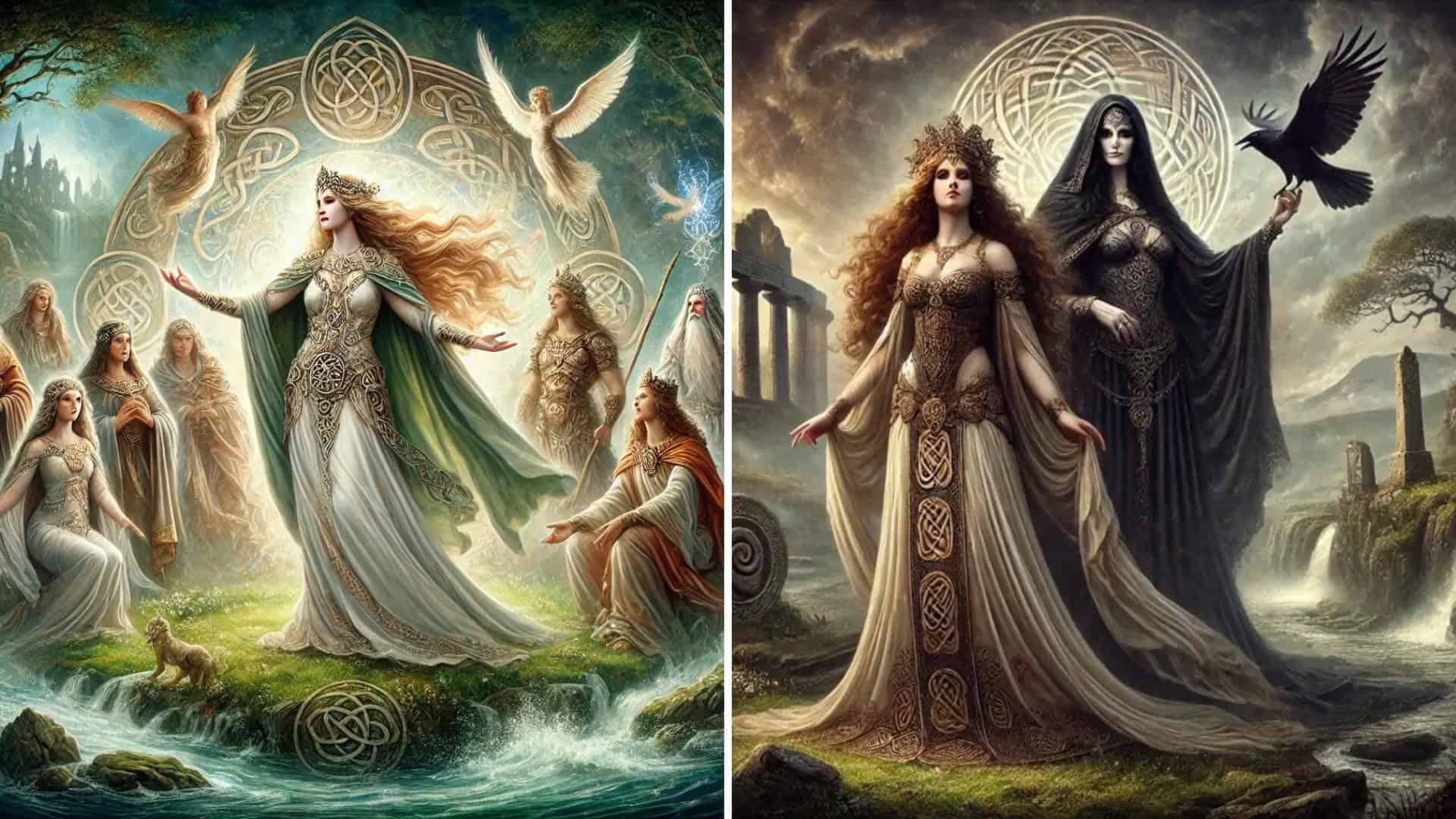 Elegant fantasy female warriors with Celtic and Norse influences in mythical landscapes.