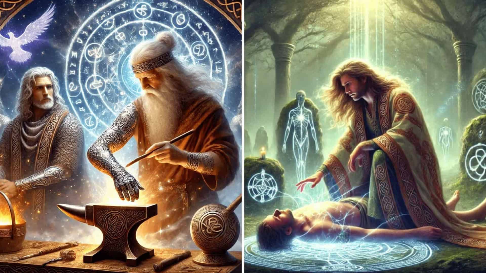 Ancient Celtic magic and folklore with mystical symbols and legendary masters.