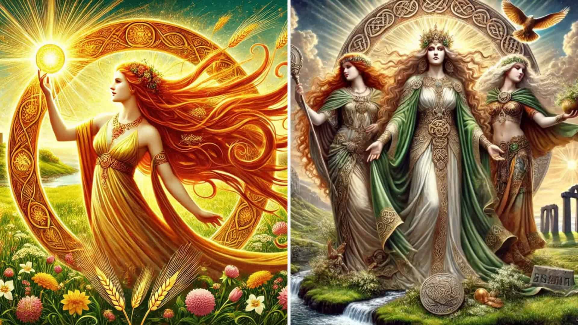 Lfolklore-inspired artwork featuring Celtic goddesses and mythological figures amidst lush nature.
