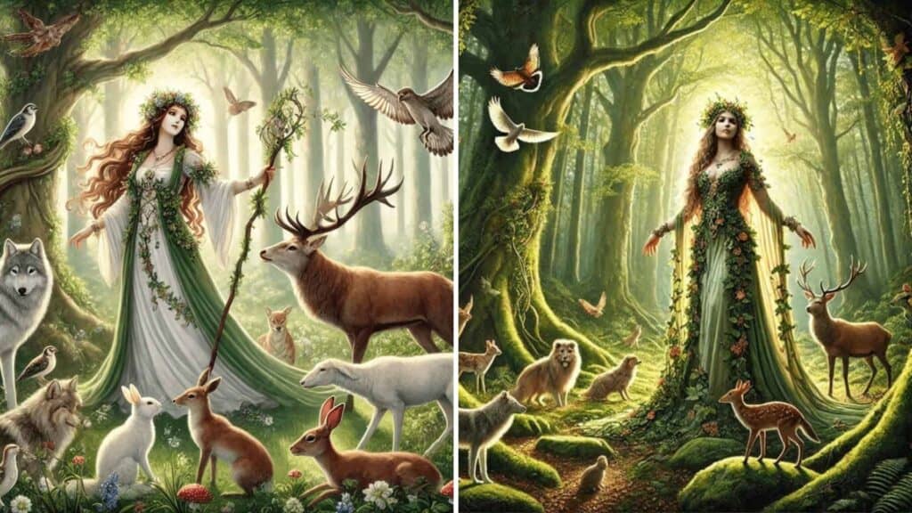 Enchanted forest scene with a mythical woman, animals, and lush greenery.