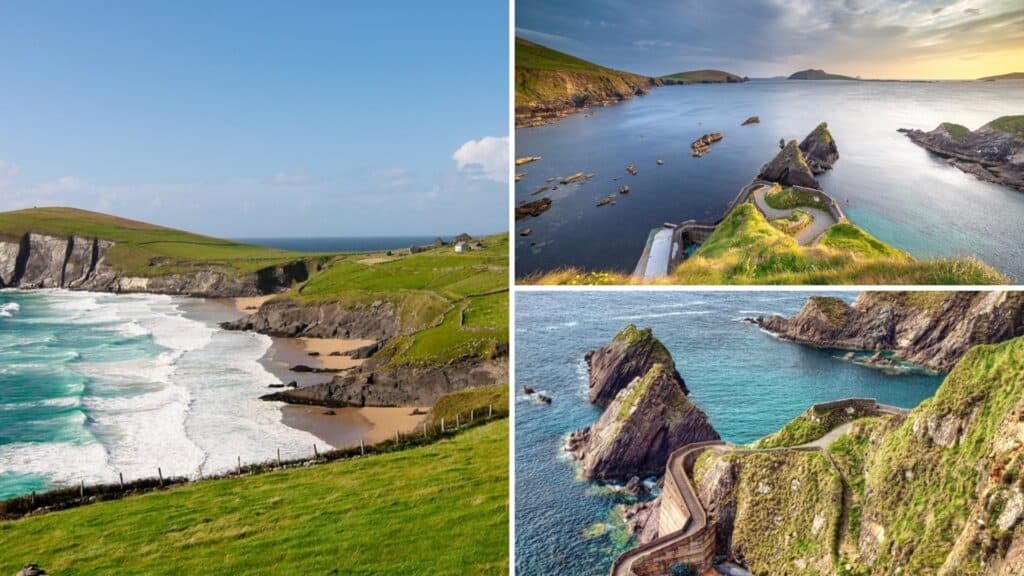 Vibrant Irish coastal landscapes with rugged cliffs and lush green hills.