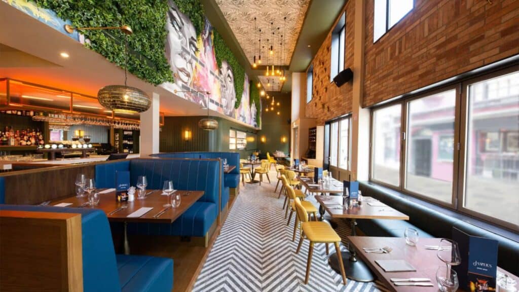 Vibrant modern Irish restaurant with colorful decor and a welcoming atmosphere.