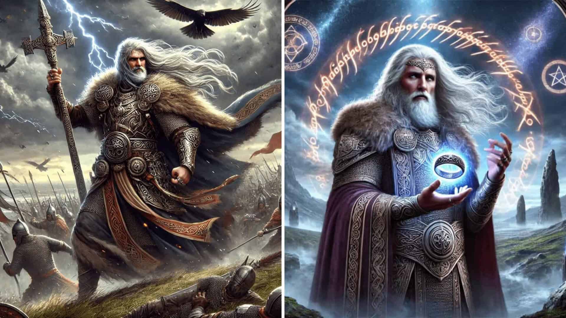 Viking warrior in battle and majestic wizard with glowing ring and mystical symbols.