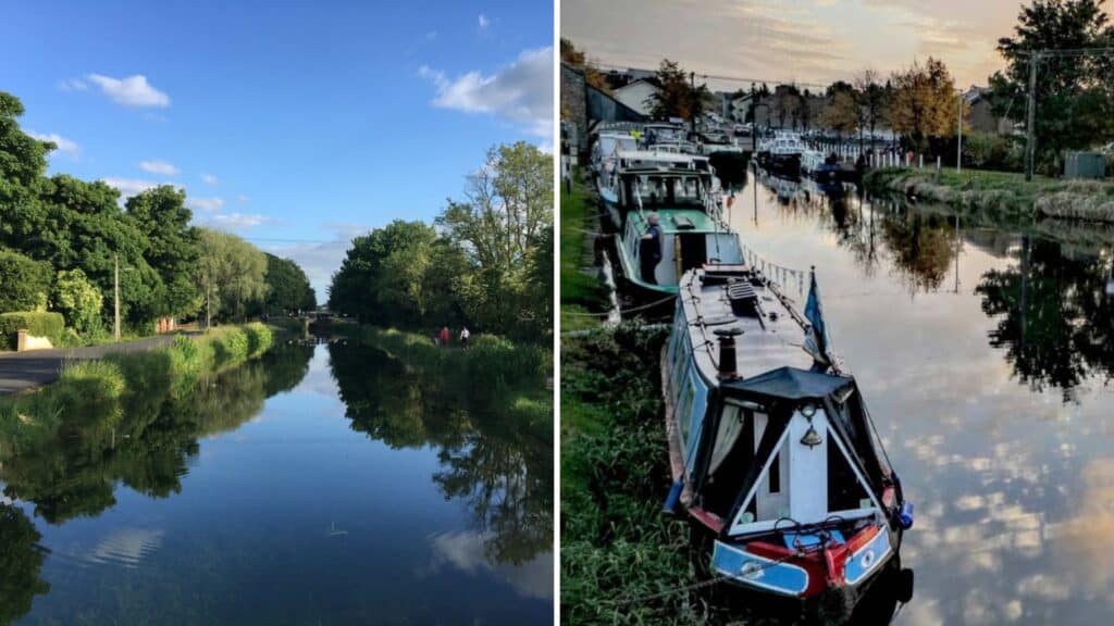 Serene Irish canal with lush greenery and calm waters during daytime.