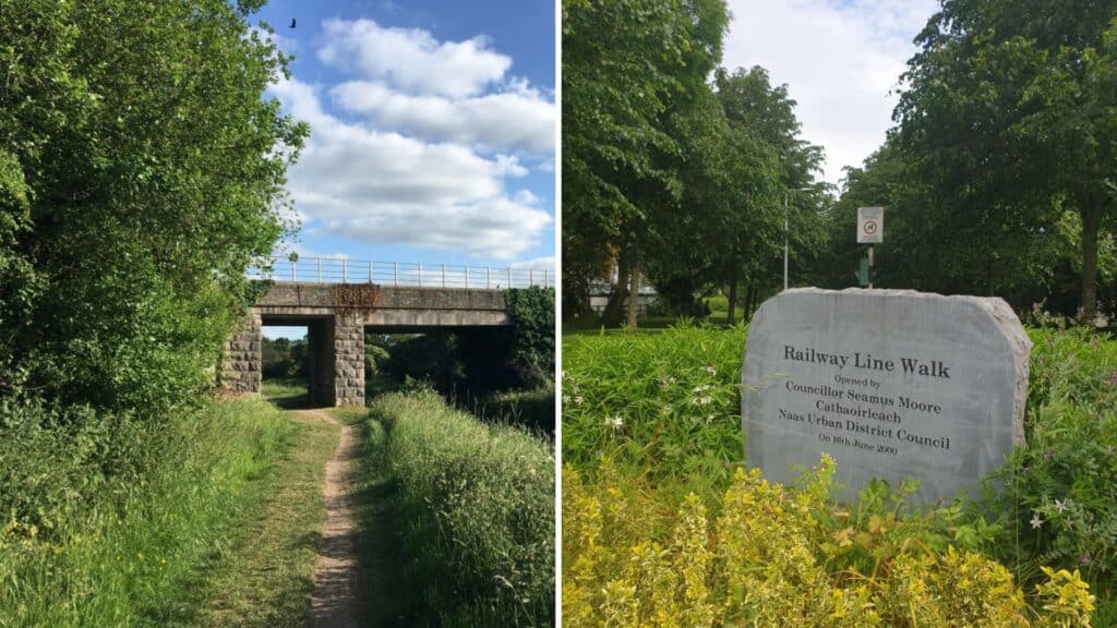 Bright green trees and a railway bridge in Ireland under a partly cloudy sky.