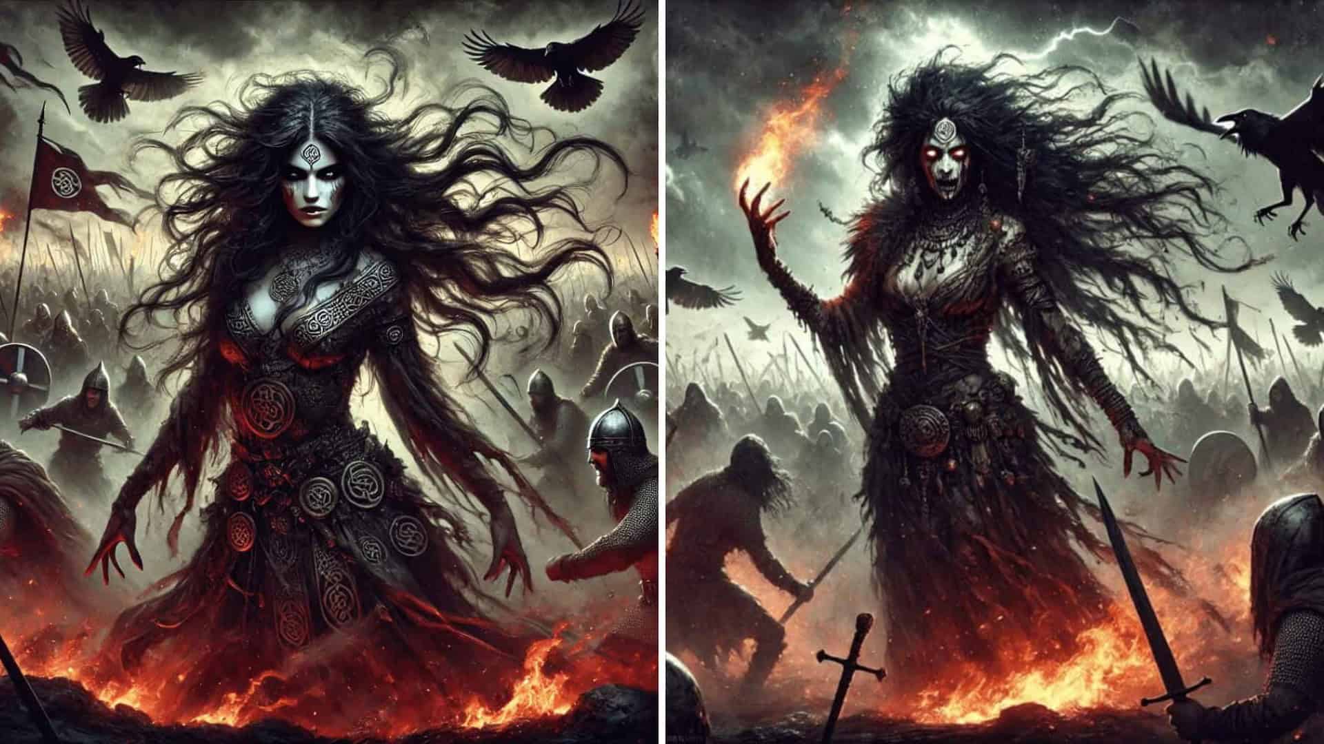 Dark fantasy characters with wild hair and fiery backgrounds.