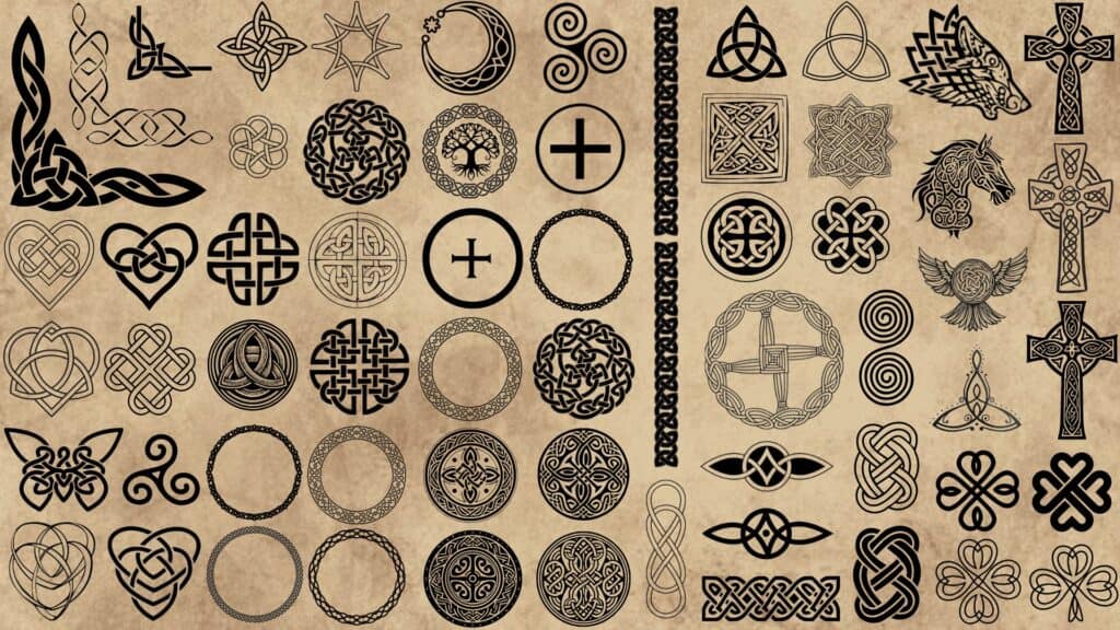 Intricate Celtic and Nordic knotwork designs with symbols of Irish heritage and culture.