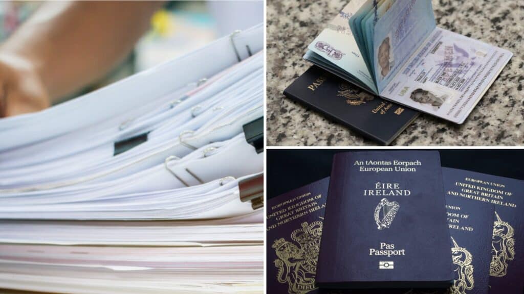 Files and documents prepared for Irish travel planning and passport check.