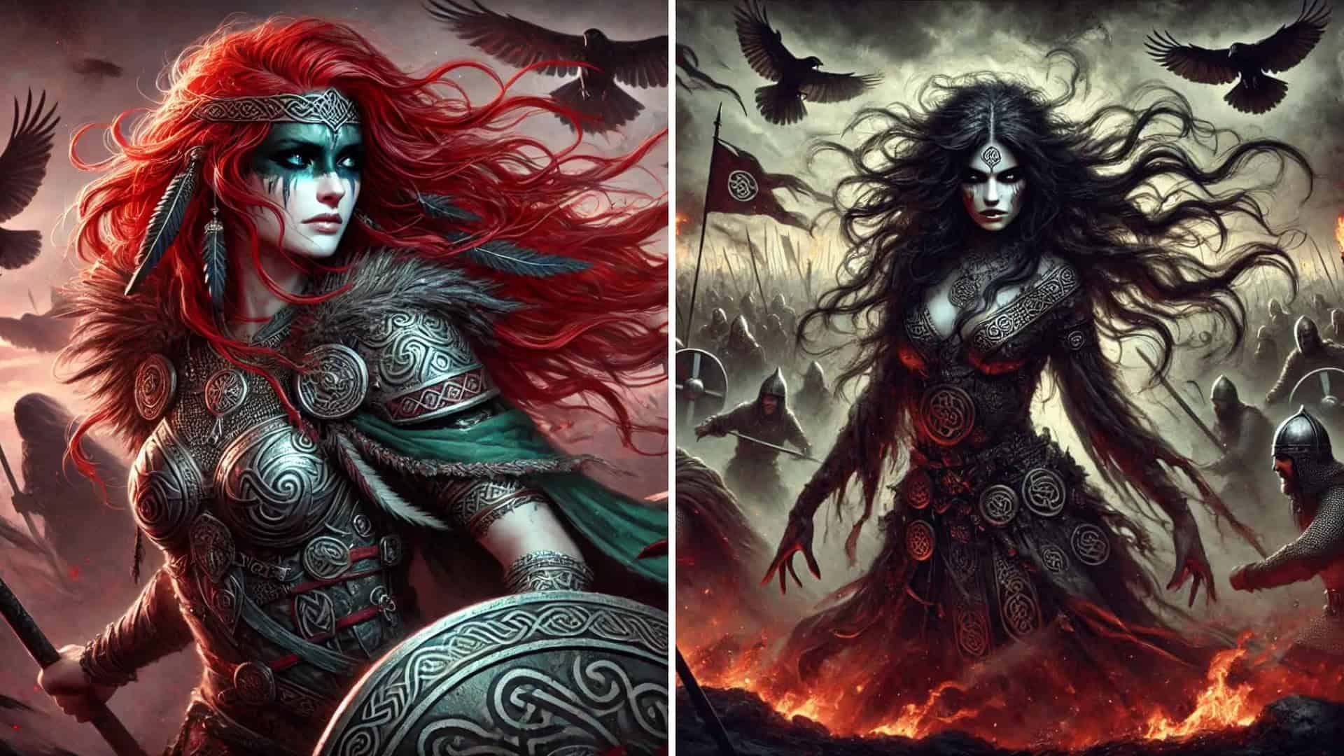 Viking warrior women with intricate armor and flowing hair in a fantasy battle scene.