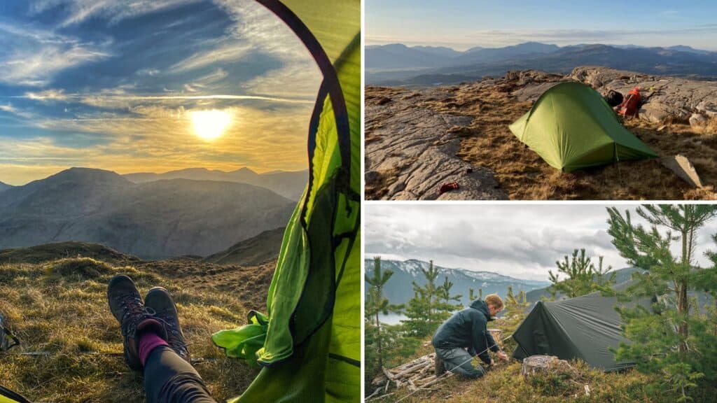 Sunset view from a mountain camping site in Ireland with a tent and scenic mountain landscape.