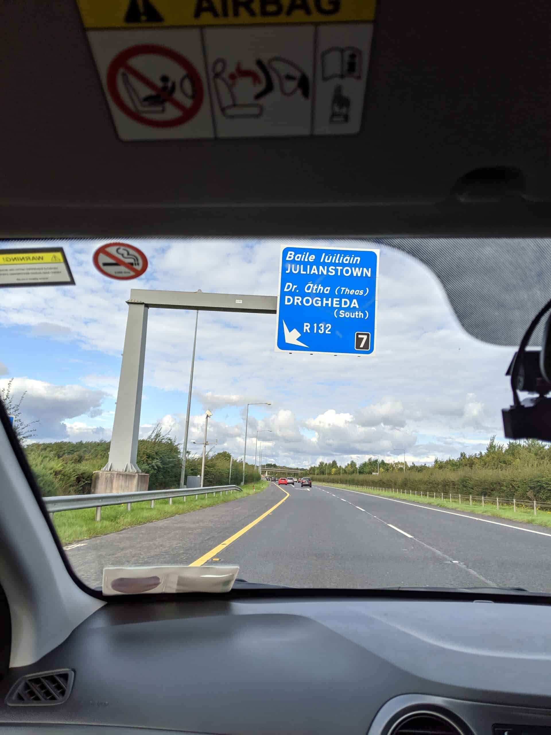 Road sign for Julianstown and Drogheda in Ireland.