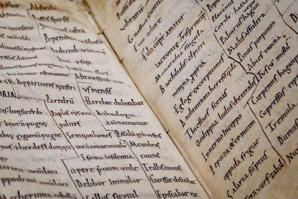 Detailed close-up of an ancient manuscript showcasing Latin text and calligraphy.