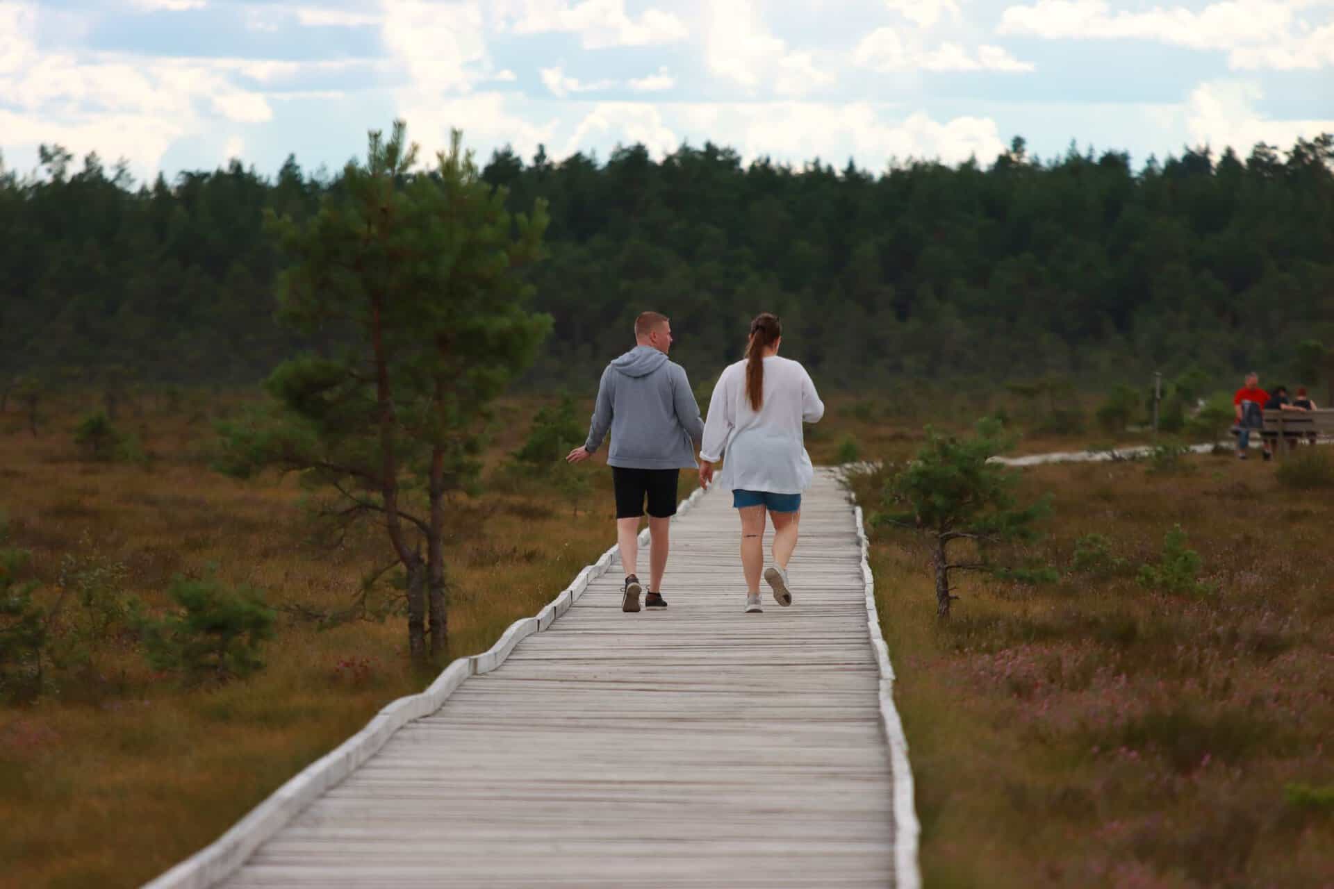 A couple walks hand in hand on a wooden path through the scenic countryside of Jönköping, Sweden.