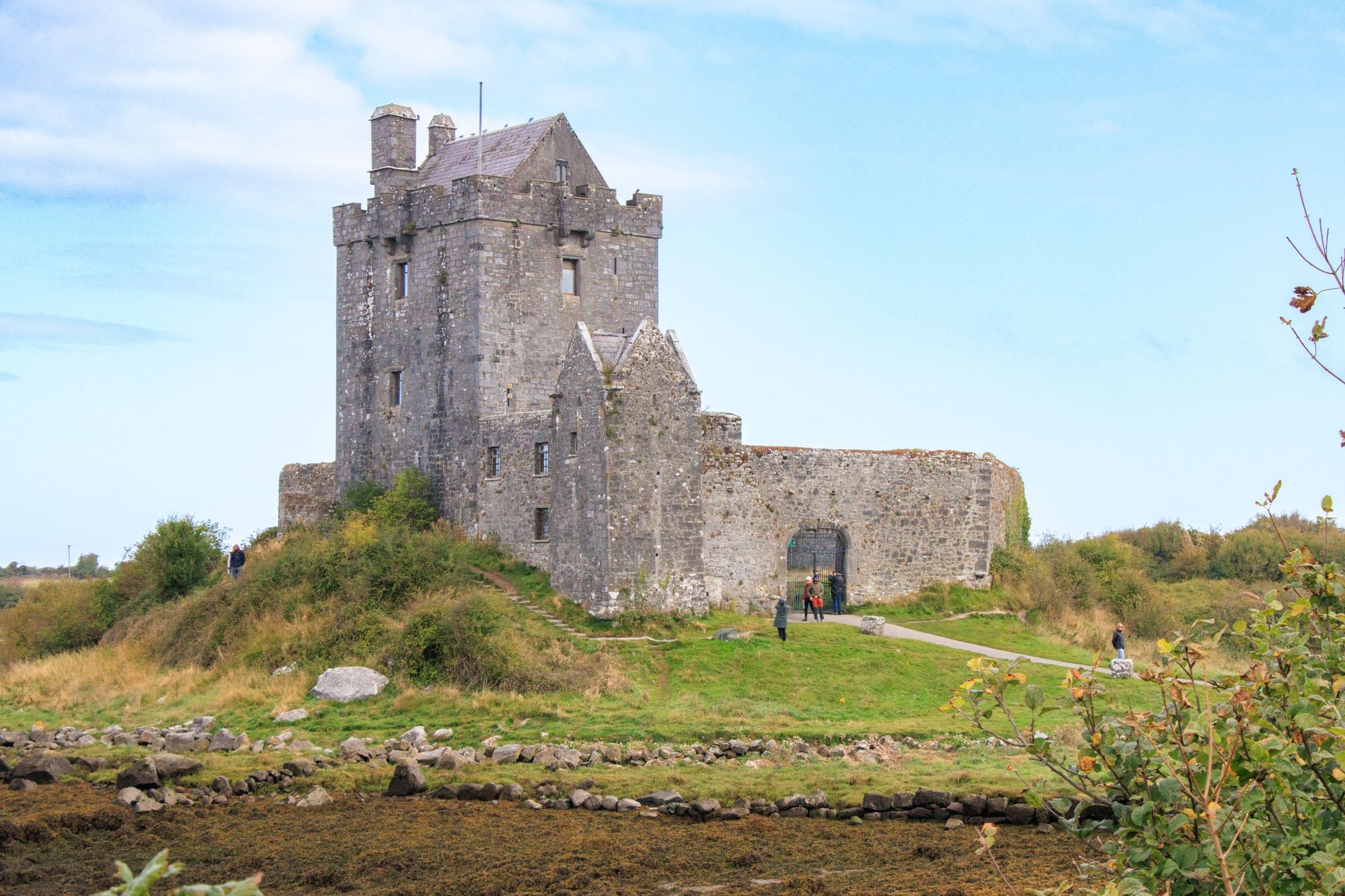 Explore the historic stone castle and lush vibrant landscape of Newport, Ireland captured on a sunny day.