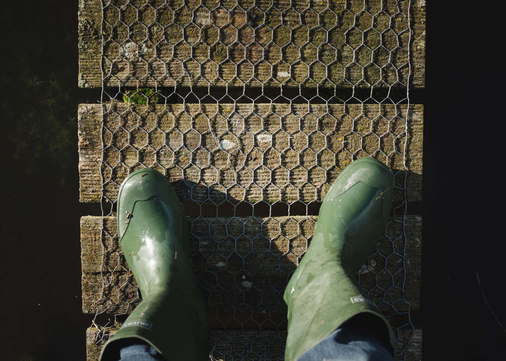 Overhead view of green rubber boots on a weathered wooden bridge.
