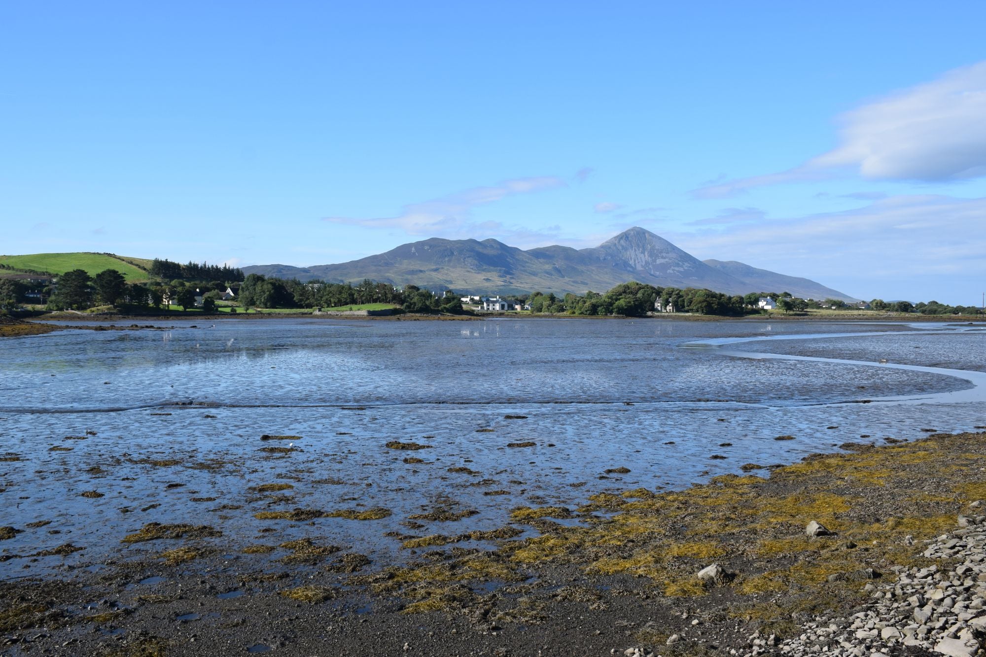 Vibrant landscape featuring mountains, coastline, and serene waters in Ireland.