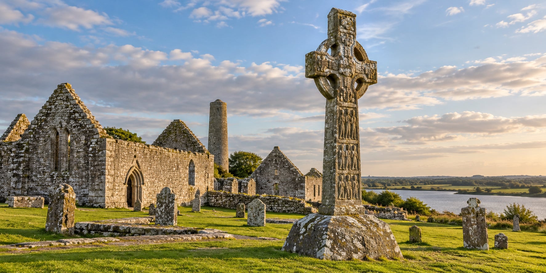 illustration inspired by Clonmacnoise, showing a carved high cross, church ruins and a round tower.