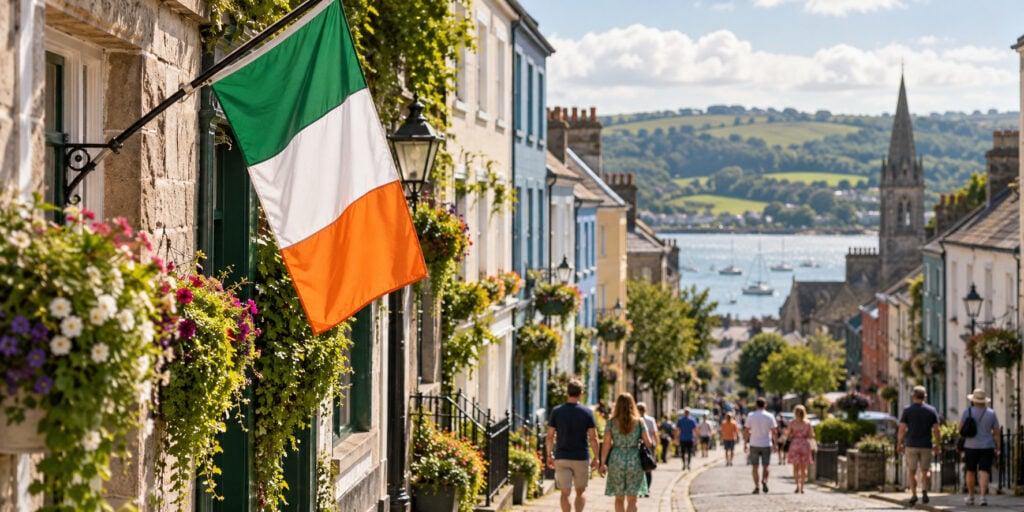 Irish tricolour hanging above a sunny coastal town street with people strolling towards the harbour.