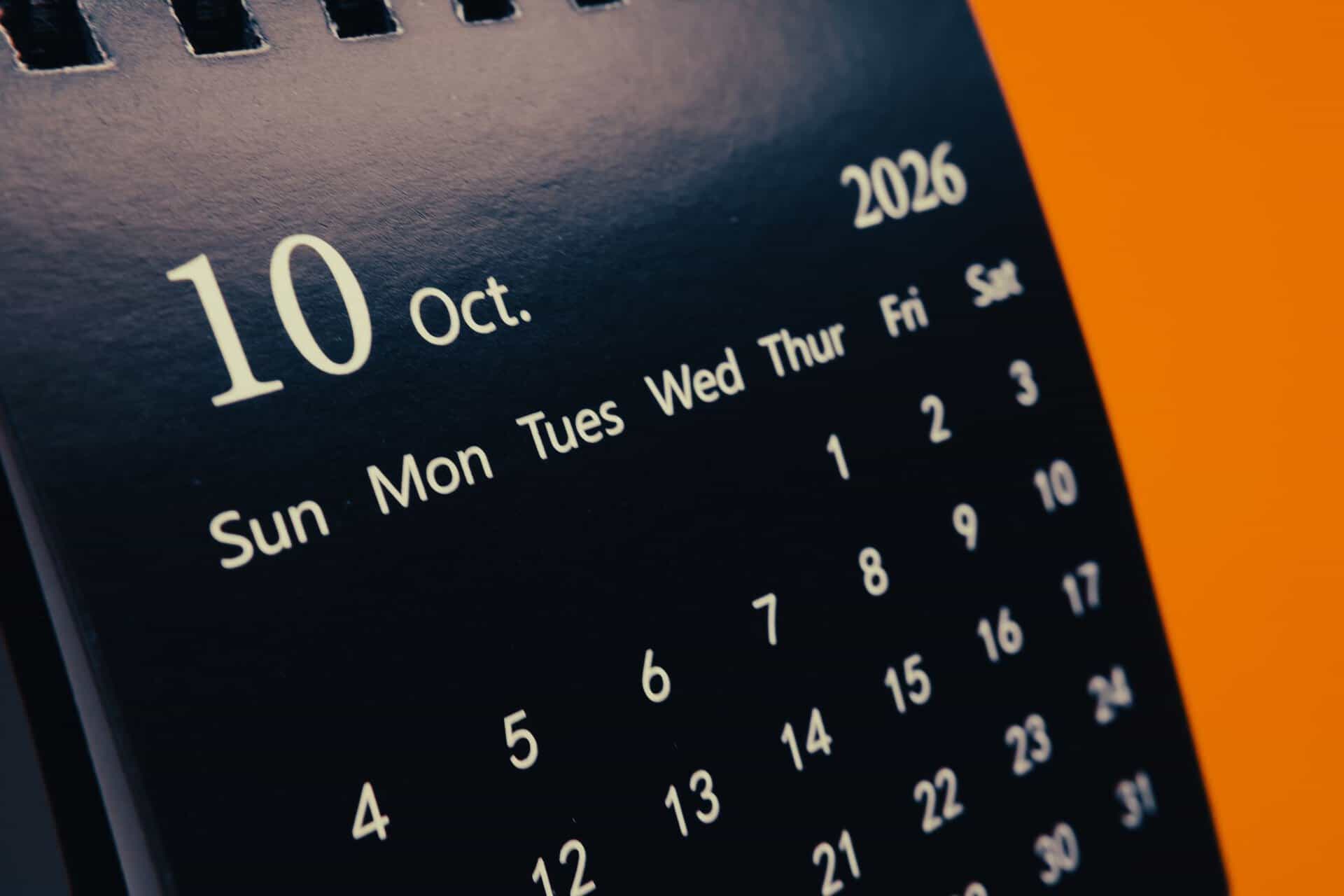 Close-up of an October 2026 calendar