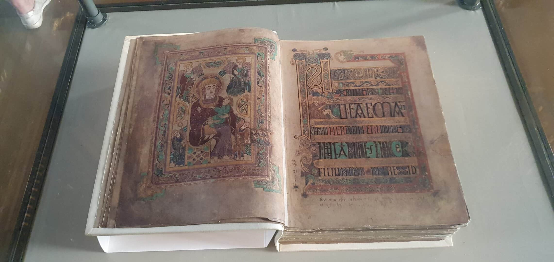 A displayed facsimile of the Book of Kells in Trinity College Dublin.