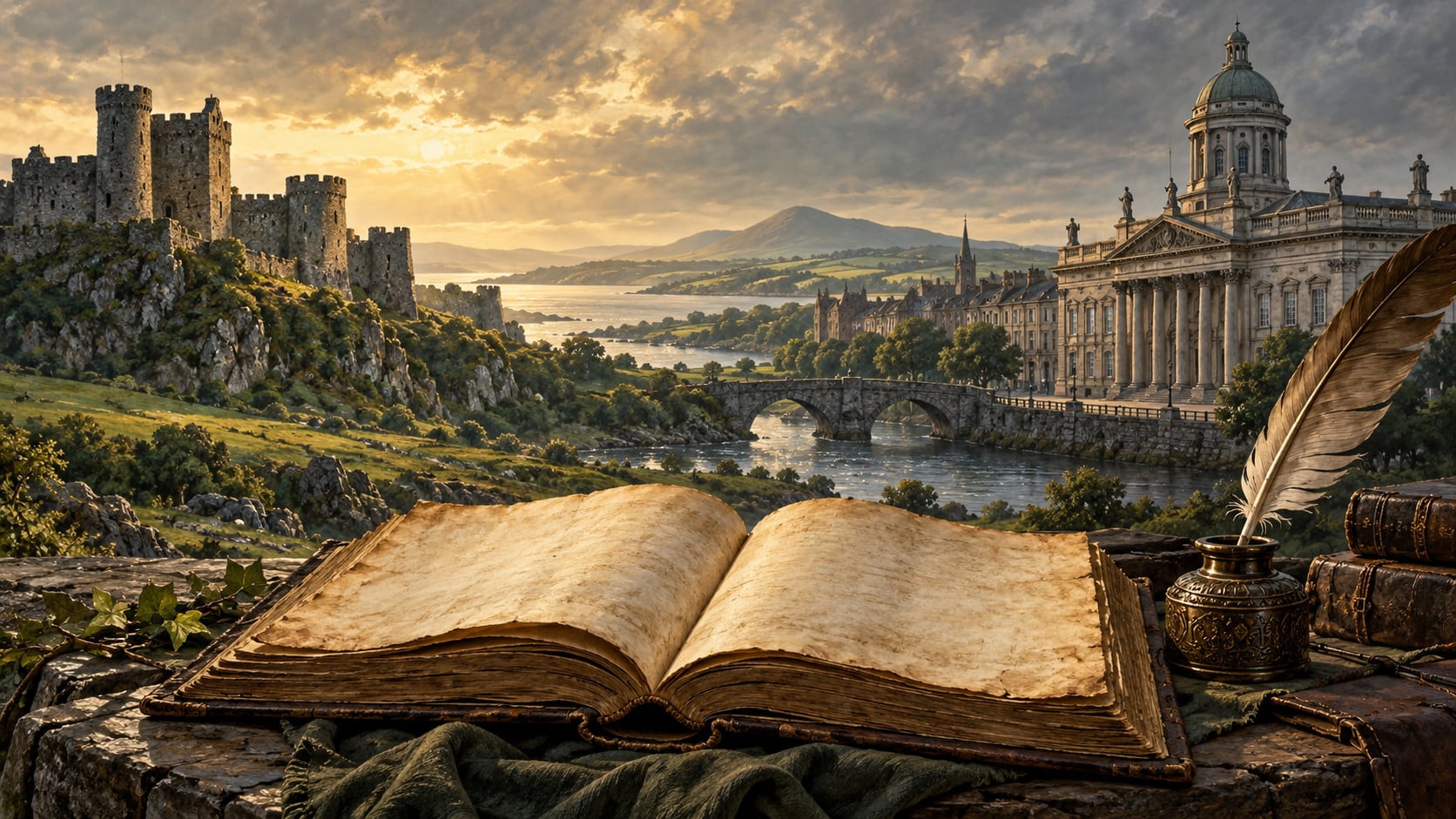 book laid out with a beautiful landscape