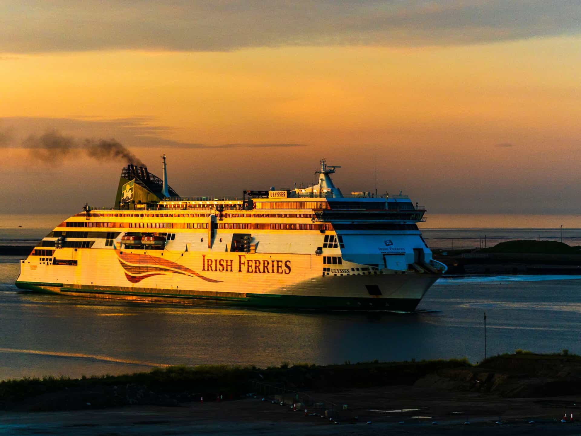 Irish Ferries passenger ferry on the water at sunset