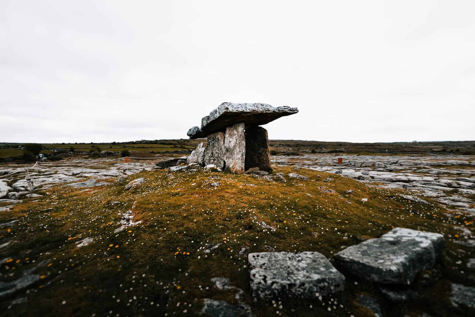 Landscape of Poulnabrone Dolmen in The Burren, a famous megalithic tomb, County Clare, Ireland.