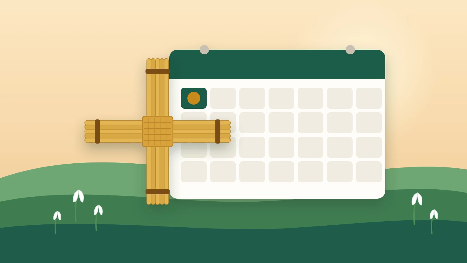 St Brigid’s cross made of rushes beside a calendar with the first day highlighted, for St Brigid’s Day 2027 in Ireland
