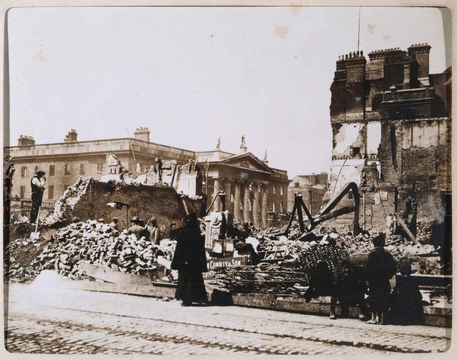 The damaged General Post Office and rubble viewed from Abbey Street after the 1916 Rising.