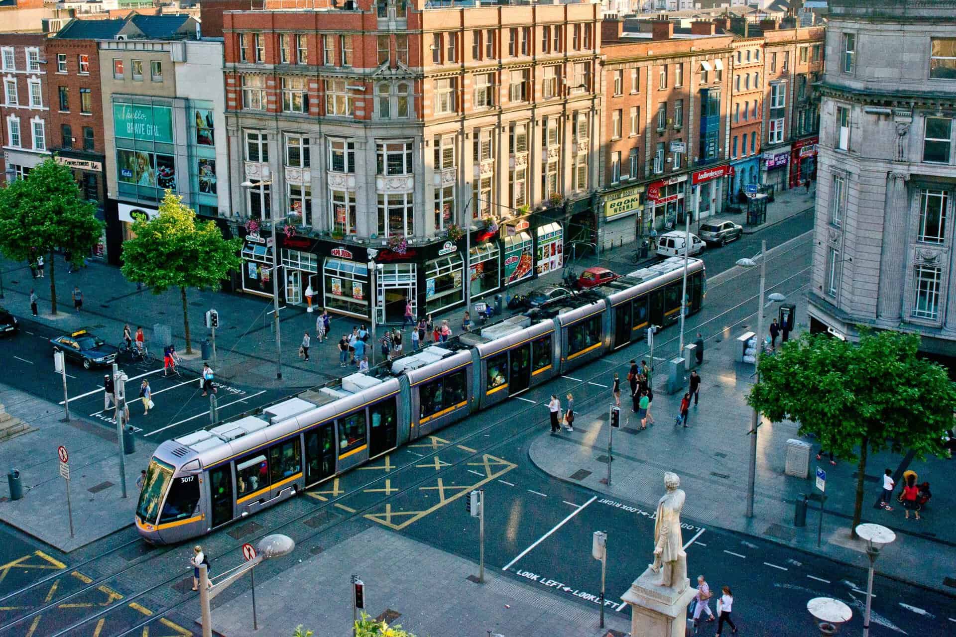 Vibrant scene of Dublin city center showcasing tram and bustling streets from above.