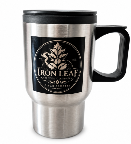Stainless steel Iron Leaf Coffee Company travel mug with black handle and lid on a white background.