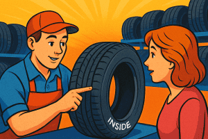 An AI Illustrated scene inside a bright, colorful tire shop. A smiling male technician in a red cap, blue shirt, and red apron points to the word &ldquo;INSIDE&rdquo; embossed on a tire, while a woman with short red hair watches attentively. Behind them, rows of stacked tires sit on blue racks against a warm orange and yellow sunburst background.