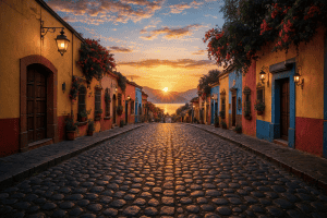 Sunrise over cobblestone street in Ajijic, Mexico, with colorful colonial houses and mountains in the distance.
